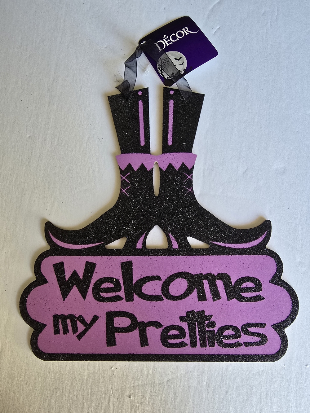 Welcome My Pretties Witch Boot Sign - Black & Purple Halloween Decor *